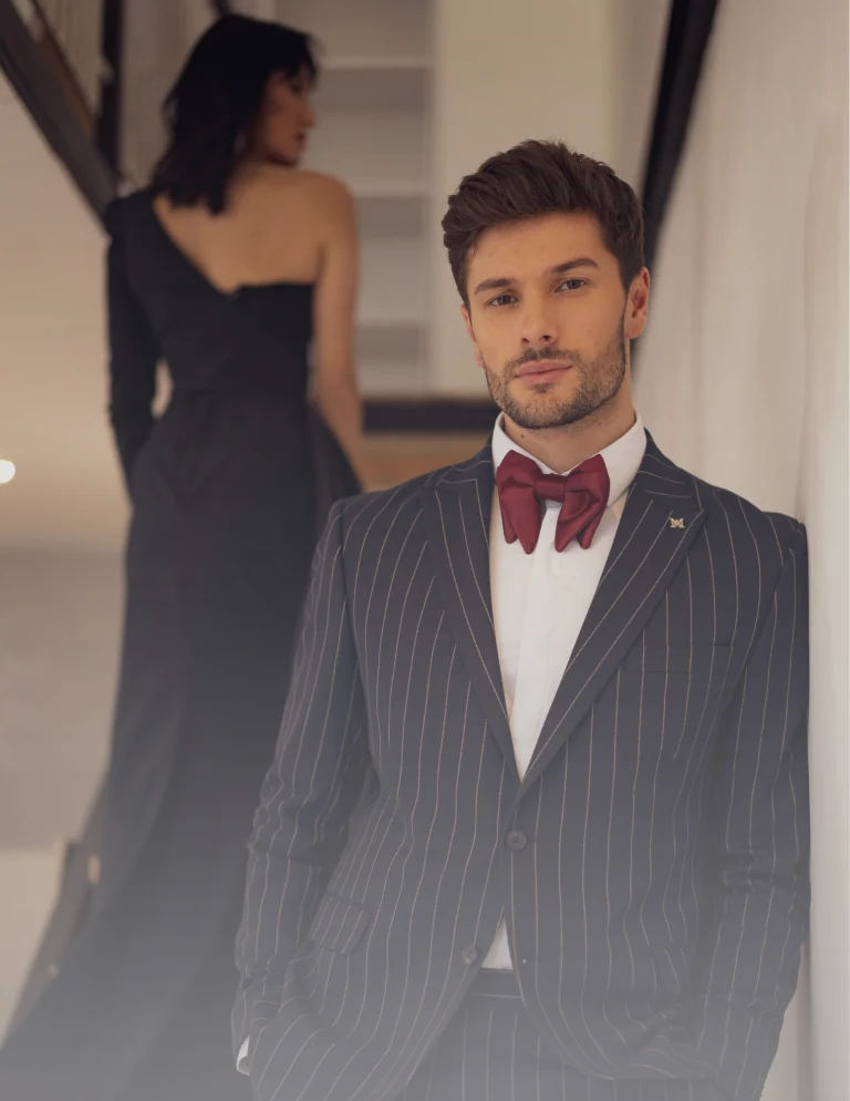 Men’s and women’s formal clothing illustrating wardrobe alterations
